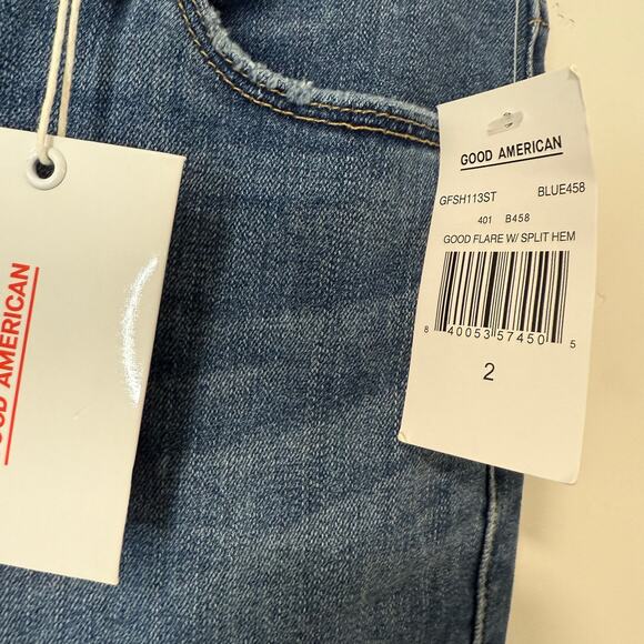 Good American Women's Jeans Good Flare Split Hem Blue Denim NEW 2 Distressed - Picture 2 of 8